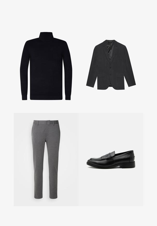 Mørkegrå blazer med enkeltknap-design, slagkraver, to frontlommer og satinforet indre. To-knaps lukning.; Sort turtleneck sweater, ribbede manchetter og krave, blødt strikstof, let design, lange ærmer, ingen synlig branding eller mønstre.; Grå skræddersyede bukser lavet af blødt stof med en glat tekstur, forlommer og enkelt knaplukning ved taljen.; Sort læder herre loafers med kvast detalje, rundet tå, lav hæl og glat poleret finish, vist fra siden på hvid baggrund.