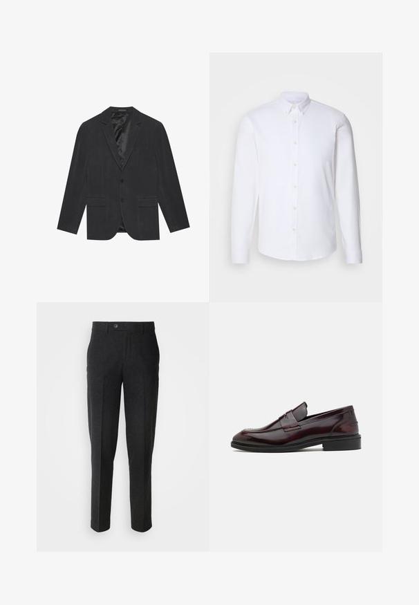 Mørkegrå blazer med enkeltknap-design, slagkraver, to frontlommer og satinforet indre. To-knaps lukning.; Hvid langærmet skjorte med knapper lavet af glat stof, har en klassisk krave, otte knapper ned ad fronten og standardmanchetter.; Lindbergh Bukser - black melange; Bordeaux læder loafers med en glat finish, rektangulær frontdetalje og en afrundet tå, med en sort gummisål.