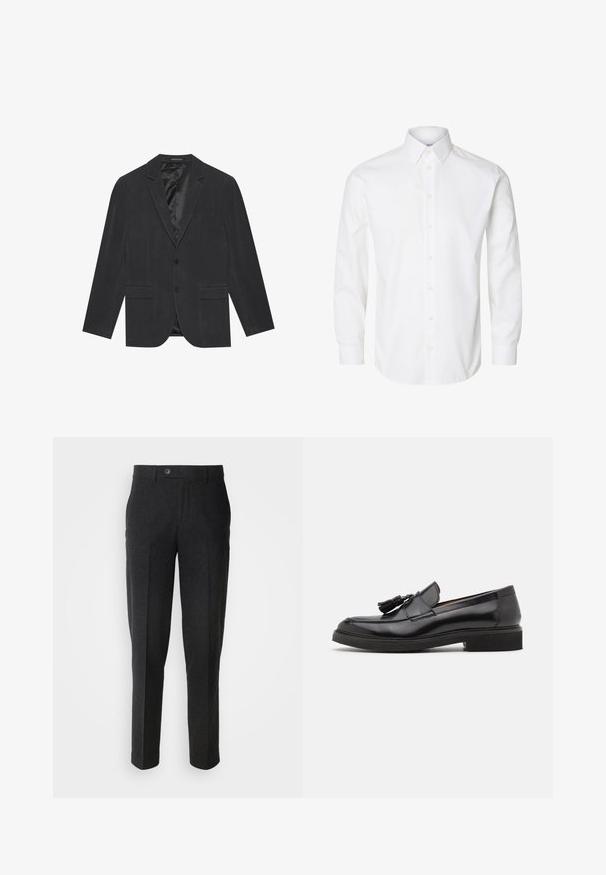 Mørkegrå blazer med enkeltknap-design, slagkraver, to frontlommer og satinforet indre. To-knaps lukning.; Hvid skjorte med lange ærmer, knapper foran, spids krave og knappede manchetter.; Lindbergh Bukser - black melange; Sorte læder loafers med frynse detalje, afrundet tå og en tekstureret sål. Har en glat finish og minimalistisk design.