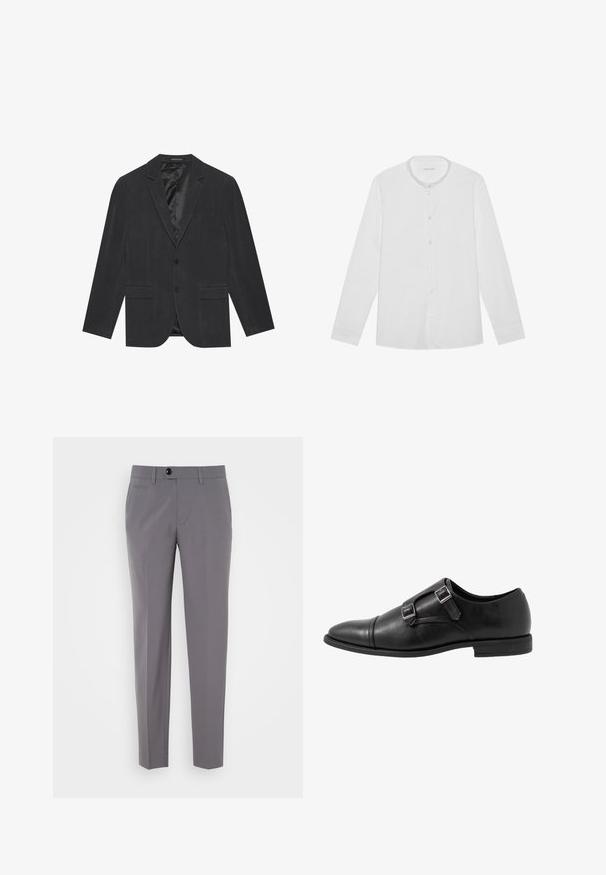 Blazer gris foncé avec un design à un bouton, revers crantés, deux poches avant et un intérieur doublé en satin. Fermeture à deux boutons.; Chemise blanche à manches longues avec col montant et une poche poitrine, posée à plat sur un fond uni.; Pantalon tailleur gris avec une texture lisse, coupe droite, fermeture à un bouton et poches avant. Pas de motifs ou d'accents visibles.; Chaussure monk strap en cuir noir avec deux boucles en argent, design à bout capteur, bout rond et semelle en caoutchouc de profil bas. Texture lisse, silhouette élégante.
