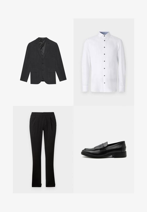 Donkergrijze blazer met een enkelvoudig ontworpen sluiting, notch revers, twee voorkruiken en een satijnen voering aan de binnenkant. Twee knopen sluiting.; Witte long-sleeve shirt met een klassieke kraag, zwarte knopen aan de voorkant en contrasterende lichtblauwe kraagdetails aan de binnenkant. Glad stoftextuur.; Zwarte broeken van gladde stof met een elastische tailleband, rechte pijpen, plooien aan de voorkant en omgeslagen zoom. Eenvoudig en veelzijdig ontwerp.; Zwarte leren herensloffen met kwastdetail, afgeronde neus, lage hak en glad gepolijst oppervlak, zij-aanzicht op een witte achtergrond.