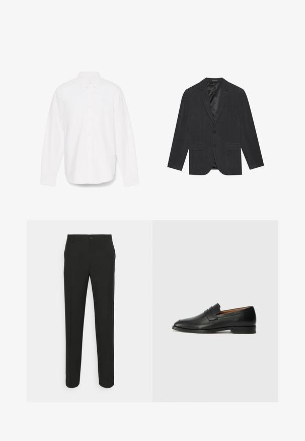 Dunkelgrauer Blazer mit einem einreihigen Design, Reverskragen, zwei Vorderaschen und einem satinbesetzten Innenfutter. Zwei-Knopf-Verschluss.; Weißes Hemd mit langen Ärmeln, Knopfverschluss und spitzem Kragen, mit einer einzelnen Tasche und einem dezent strukturierten Stoff. Mit Button-Manschetten und geradem Saum.; Schwarze, maßgeschneiderte Hose mit geradem Schnitt, ausgestattet mit einem einzelnen Knopfverschluss und Gürtelschlaufen. Glattes, mattes Material ohne Muster.; Schwarze Leder-Slipper mit runder Zehenform, dezenten gestickten Details und niedrigem Absatz, ausgestattet mit glatter Textur und minimalistischem Design.