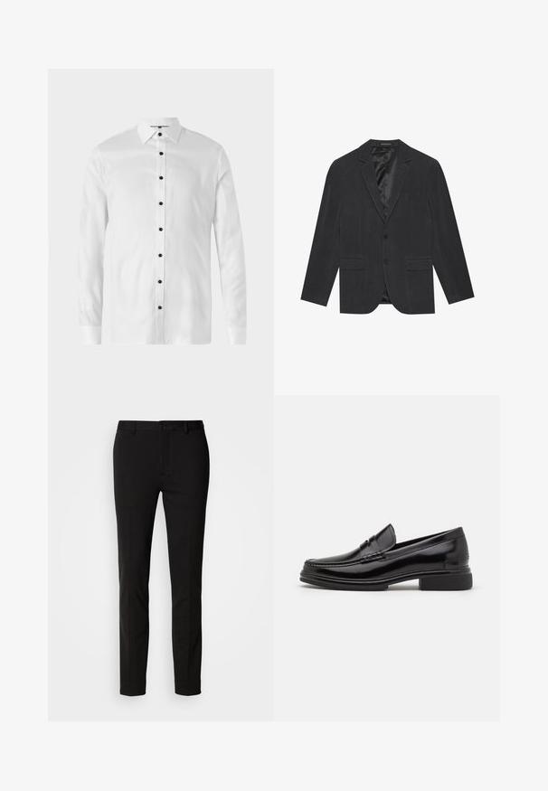 Mørkegrå blazer med enkeltknap-design, slagkraver, to frontlommer og satinforet indre. To-knaps lukning.; Hvid langærmet skjorte med knapper i sort, klassisk krave og en glat tekstur, designet til en slank pasform.; Sorte bukser med slim fit, der har knaplukning og bæltestropper. Lavet af glat stof med en let glans, uden synlige mønstre.; Sorte læder loafers med en rund tå, der har en syet detalje over vristen og en lav blokhæl. Glat tekstur og blank finish.