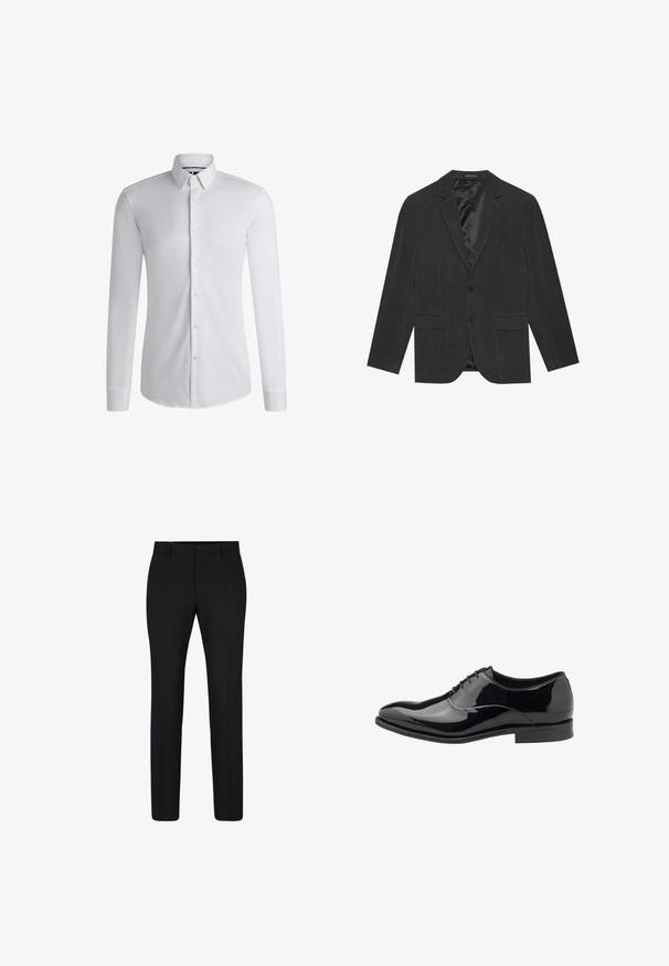 Mørkegrå blazer med enkeltknap-design, slagkraver, to frontlommer og satinforet indre. To-knaps lukning.; Langærmet hvid skjorte lavet af glat stof, med en krave med knapper og en række knapper foran. Enkelt design.; Sorte skræddersyede bukser med flad front, lige ben, bæltestropper og lynlås. Fremstillet af vævet stof med en glat tekstur.; Sort patenteret læderherresko med en glat, skinnende overflade, snørebånd foran, spidse tæer og en lav, flad hæl.