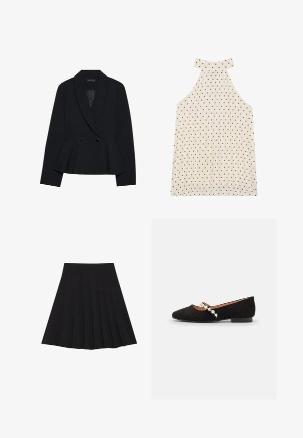 Sort skræddersyet blazer med peplumdesign, der har en hakket revers, to dobbelte knapper i guldfarve og en glat tekstur.; Ærmeløs halterneck top i creme med brune prikker, der har en høj halsudskæring og plisseret stof for ekstra tekstur.; Sort plisseret nederdel lavet af struktureret stof med en tætsiddende talje. Faldende til knæ længde og har en glat, ren silhuet.; Sorte ruskind balletflade med spids tå, der har en dekorativ rem prydet med hvide perler og en lav hæl.