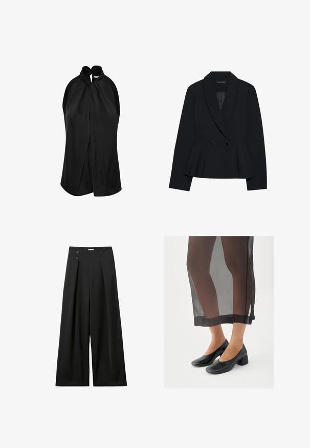 Blazer negro a medida con diseño peplum, con solapa con muesca, dos botones dobles dorados y textura suave.; Top negro sin mangas con un cuello halter y un detalle de nudo, fabricado en una tela suave, con un diseño drapeado que cae libremente desde los hombros.; Pantalones negros de pierna ancha hechos de un material suave, con cintura alta, dos botones decorativos y pinzas frontales para mayor detalle.; Zapatos negros de tacón ancho con acabado de cuero liso, combinados con una falda negra translúcida que tiene un dobladillo limpio y un diseño minimalista.