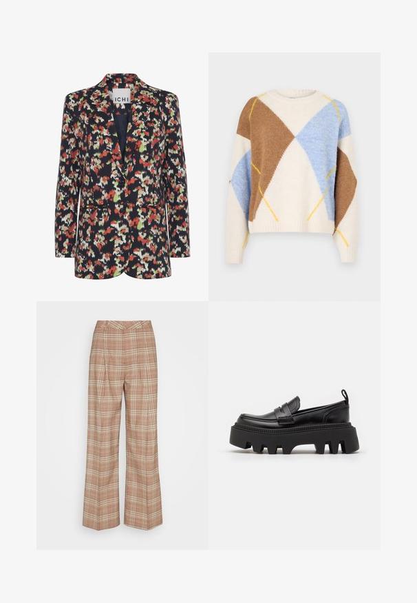 Blazer multicolore avec un motif floral, à fond marine, avec des revers à cran, deux boutons et deux poches avant.; Noisy May NMARMIE ARGYLE - Pullover - cloud dancer/multi coloured; Scotch & Soda ROSE PLEATED HIGH RISE WIDE LEG CHECK PANT - Pantalon classique - multi coloured; Mocassins en cuir noir avec une semelle en caoutchouc noir épaisse, dotées de rainures antidérapantes et d'une sangle décorative à l'avant.