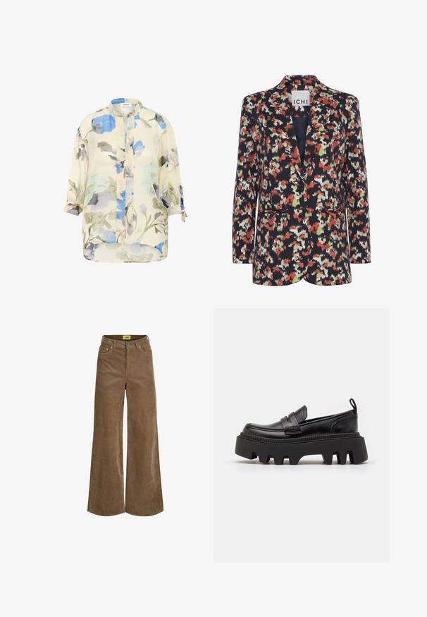 Multifarvet blazer med blomstermønster, der har en marineblå baggrund, spidse klapkraver, to knapper og to forlommer.; Lettet, gennemsigtig bluse med blomstermønster i nuancer af blå og grå på en cremefarvet baggrund. Har lange ærmer med oprullede manchetter og en ståkrave.; Brune vide bukser i ribfløjl med knap og lynlåslukning foran, bæltestropper og forlommer, mærket JJXX inden i linningen.; Sorte læder loafers med en kraftig sort gummisål, der har skridsikre riller og et dekorativt bånd over forsiden.