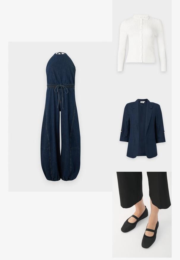Donkerblauw damesblazer met driekwartmouwen, open voorkant, inkeping revers en knoopdetails op de mouwmanchetten.; Donkerblauwe denim mouwloze jumpsuit met halternek, elastische taille met strik, wijde pijpen en geplooide zoom.; Witte geribbelde gebreide cardigan met lange mouwen, knopen aan de voorkant en een kleine kraag.; Zwarte ballerina's van glad materiaal, met een ronde neus en een contrasterende band over de wreef. Plat zool, minimalistisch ontwerp.