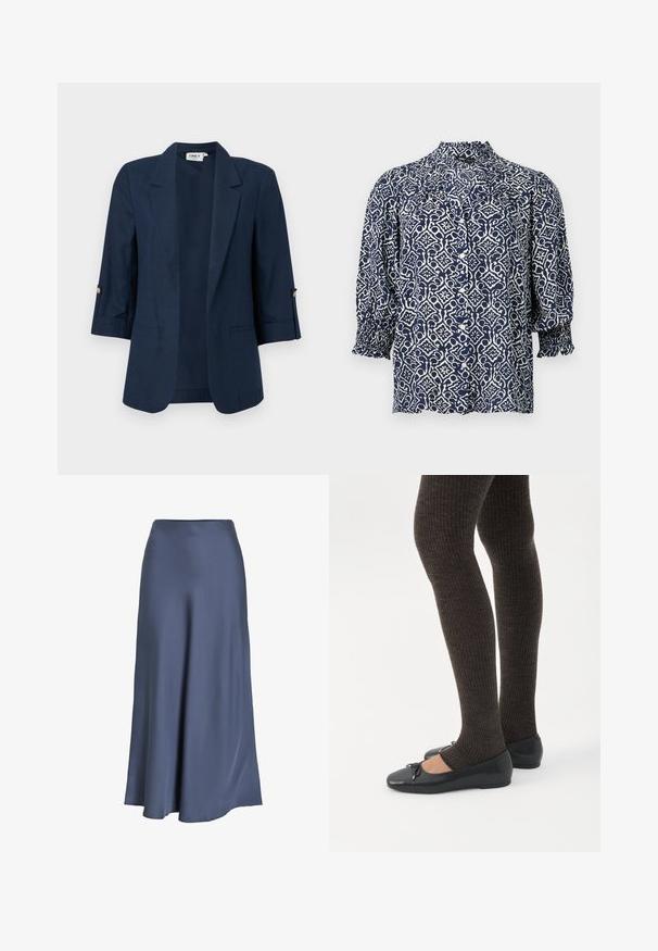 Donkerblauw damesblazer met driekwartmouwen, open voorkant, inkeping revers en knoopdetails op de mouwmanchetten.; Marineblauwe blouse met knopen, witte bloemige geometrische print, driekwart mouwen, gerimpelde manchetten en een gerimpelde hoge kraag.; Satin A-lijn rok in diepblauw. Gladde textuur, langs de vloer, met een aangesloten taille en uitlopende zoom. Geen zichtbare patronen of hardware.; Benen met donkere geribbelde leggings gecombineerd met zwarte ballerina's met kleine strikdetails op een witte achtergrond.