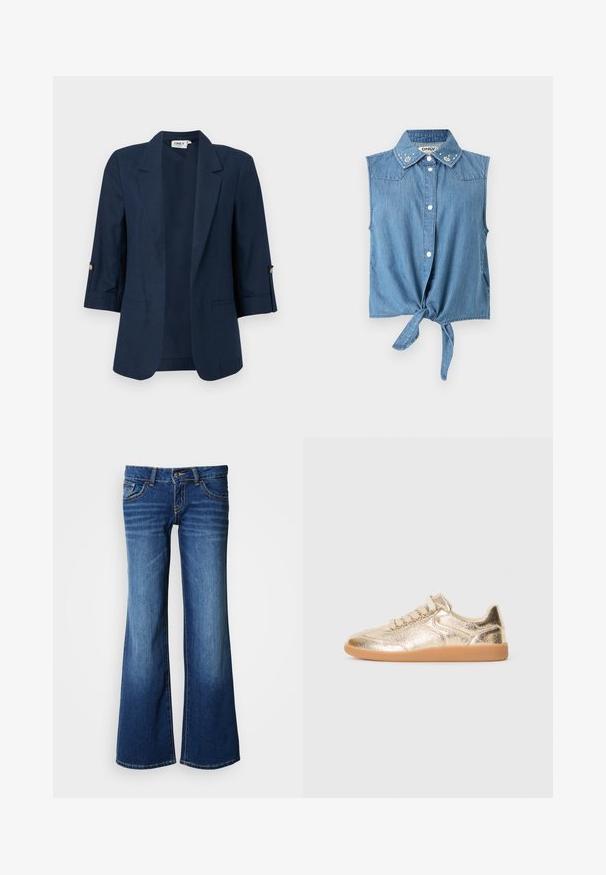 Mørkeblå dameblazer med trekvartærmer, åben front, hakkede revers og knapdetaljer på ærmespidser.; Ærmeløs lyseblå denimskjorte med knapper foran, bindebånd forneden og perleblomsterudsmykning på kraven.; Bukser af blå jeans i mørkeblå med udvidede ben. Har klassisk design med fem lommer, knaplukning og kontrastsyning. Glat tekstur.; Lave sneakers med metallisk gylden tekstureret overdel, beige snørebånd og gummisål, vist fra ydersiden på hvid baggrund.