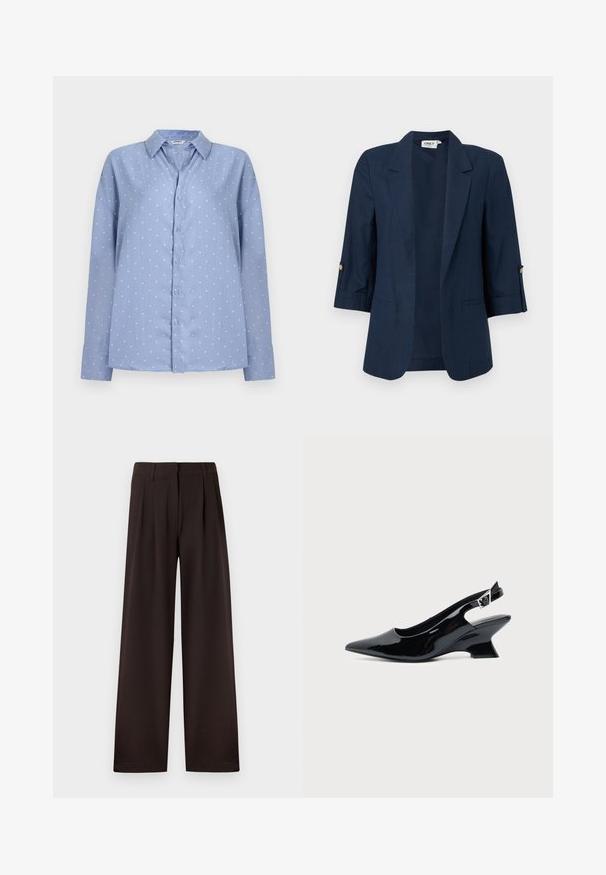Blazer pour femme bleu marine avec manches trois-quarts, devant ouvert, revers crantés, et détails de boutons sur les poignets des manches.; Chemise bleu clair à manches longues avec boutons, à pois blancs et col pointu, présentée sur un fond clair uni.; Pantalon marron foncé à jambes larges avec plis et passants pour ceinture, doté d'une fermeture éclair avant et d'un ourlet net sur un fond uni.; Chaussure slingback en cuir verni noir avec bout pointu et petit talon bloc incliné sur fond clair uni.