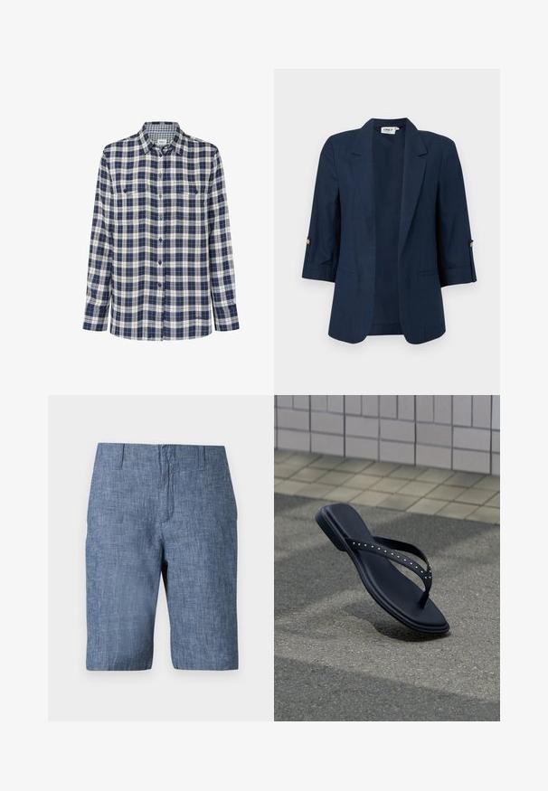 Blazer de mujer azul marino con mangas tres cuartos, apertura frontal, solapas con muesca y detalles de botones en los puños.; Camisa de franela de cuadros en azul marino, blanco y rojo. Mangas largas, cierre de botones, dos bolsillos en el pecho y un sutil logo en el dobladillo.; Pantalones cortos de lino azules para hombre, de longitud media, con trabillas en la cintura y bolsillos delanteros, mostrados sobre un fondo claro y sencillo.; Sandalia negra tipo chancla con tiras tachonadas suspendida sobre pavimento de asfalto cerca del borde de una pared con azulejos.