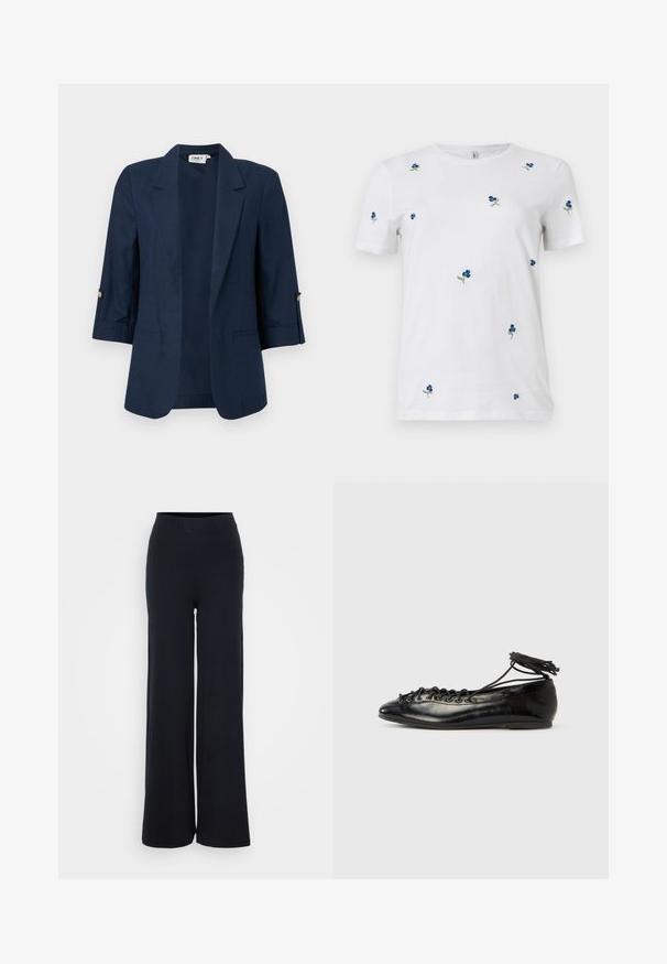 Mørkeblå dameblazer med trekvartærmer, åben front, hakkede revers og knapdetaljer på ærmespidser.; Hvid kortærmet t-shirt med små, spredte blå blomsterbroderier og grønne stilke, rund hals, ensfarvet baggrund.; Sorte ribbede bukser med bred benvidde, struktureret finish og elastisk talje, som har en afslappet pasform og ingen synlig hardware.; Sorte balletflade sko i laklæder med rundet tå, snørelukning og flad sål. Glat tekstur med få detaljer.