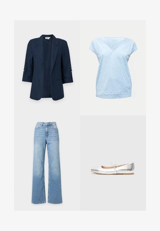 Blazer pour femme bleu marine avec manches trois-quarts, devant ouvert, revers crantés, et détails de boutons sur les poignets des manches.; Blouse bleu clair à manches courtes avec col en V et tissu texturé à pois, ourlet arrière légèrement plus long.; Jean en denim bleu clair à taille haute et jambes larges, avec poches avant, passants pour ceinture et fermeture par bouton.; Chaussure plate argentée avec un bout pointu, fabriquée en matériau synthétique métallisé. Elle dispose d'une fine lanière avec un nœud décoratif. Texture lisse.