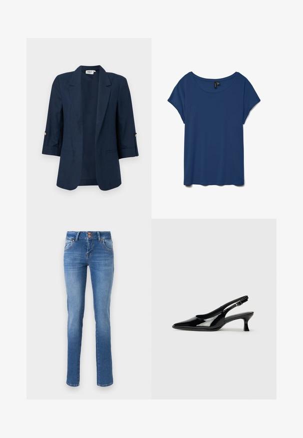 Blazer pour femme bleu marine avec manches trois-quarts, devant ouvert, revers crantés, et détails de boutons sur les poignets des manches.; Blouse bleu marine à manches courtes avec un large col rond et une coupe décontractée sur fond blanc.; Jean slim en denim bleu avec deux poches avant, passants pour ceinture et fermeture à double bouton sur fond blanc.; Escarpins en cuir verni noir avec un bout pointu et un petit talon carré. Sangle réglable à la cheville avec boucle.