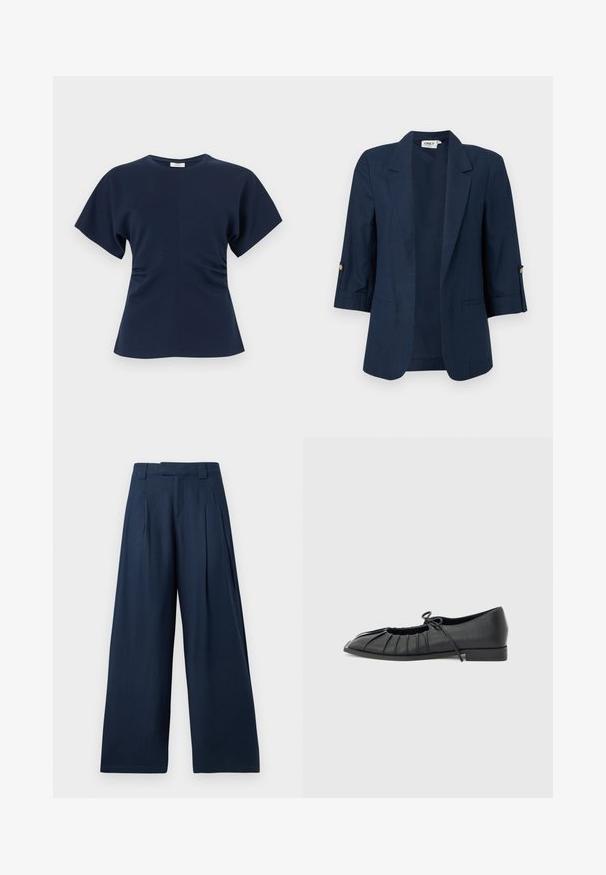 Blazer pour femme bleu marine avec manches trois-quarts, devant ouvert, revers crantés, et détails de boutons sur les poignets des manches.; Haut pour femme à manches courtes bleu marine avec encolure ronde et léger froncé à la taille, présenté sur fond blanc uni.; Pantalon large bleu marine taille haute, avec passants pour ceinture, plis à l'avant et fermeture frontale dissimulée.; Chaussure plate noire avec design plissé à l'avant et un nœud noué sur le dessus, petit talon, et texture lisse sur un fond gris clair.