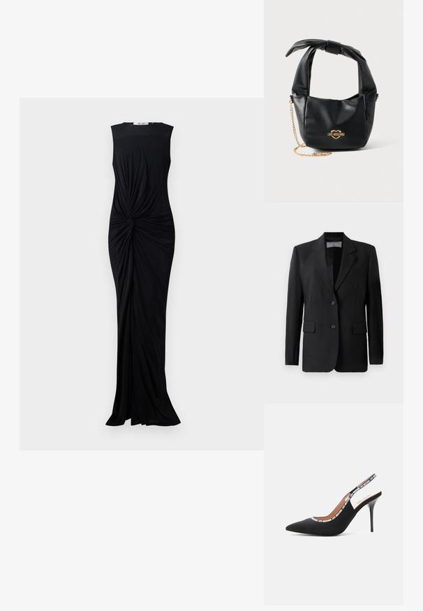 Must on blazer, mille lõikega, kahe nupuga, äranäritud kraed ja klapiga taskud, valmistatud siledast kangast.; Mustmustelgistu rinnahoidja, mis on valmistatud siledast kangast, koos keeratud detailiga vöös ja põrandani ulatuva disainiga. Lihtne ümmargune kaelus.; Love Moschino LOGO TAPE - Kõrge kontsaga kingad - black; Mustast pehmest nahast Love Moschino käekott sõlmitud sangaga ja kuldse kettidega rihmaga valgel taustal.