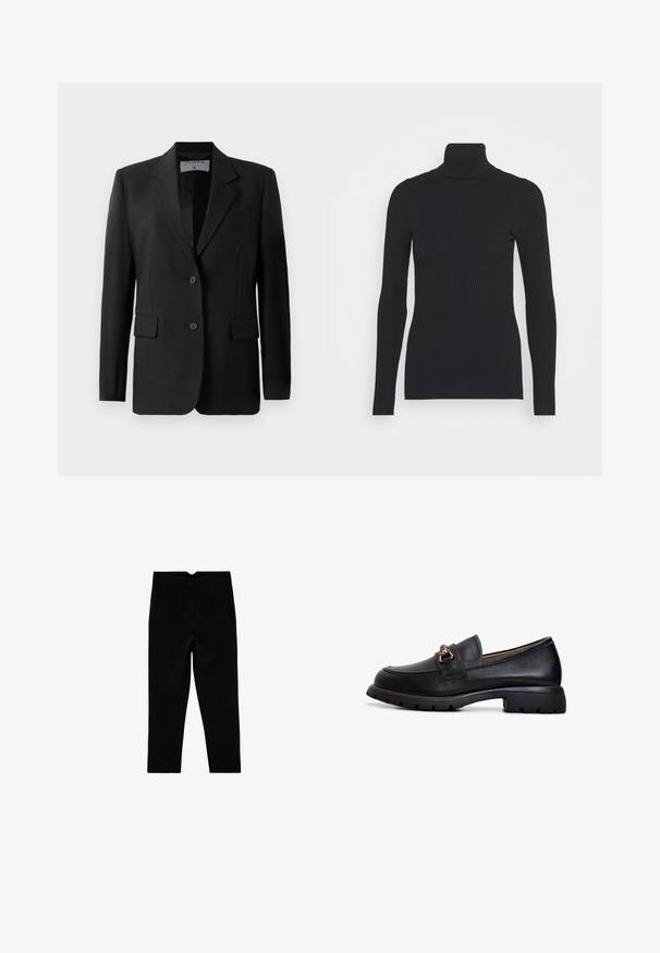 Sort blazer med skræddersyet design, færdiggjort med to knapper, notch-lapel og klaplommer, lavet af et glat stof.; Sort ribbet rullekravesweater med lange ærmer og en tætsiddende silhuet. Teksturen er glat med et vandret ribmønster.; Sorte skræddersyede ankelkorte bukser med sidelommer og let tilspidset ben, vist fladt på en hvid baggrund.; Sort læder loafersko med rund tå, dekorativt guldsmykke og en robust gummisål med et struktureret grebmønster.