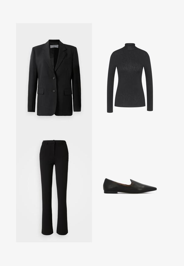 Blazer negro con un diseño ajustado, que presenta dos botones, solapas con muesca y bolsillos con solapa, hecho de una tela suave.; Camisa negra de manga larga con cuello alto hecha de tela suave, con un ajuste Slim y un diseño minimalista sin patrones o acentos visibles.; Pantalones negros confeccionados en una tela suave, con un diseño de pierna recta, bolsillos frontales y una cintura estándar con un pasador para cinturón.; Zapatos planos de cuero negro con punta alargada, tacón bajo texturizado y una elegante abertura alrededor del empeine para facilitar su uso como calzado de poner y quitar.