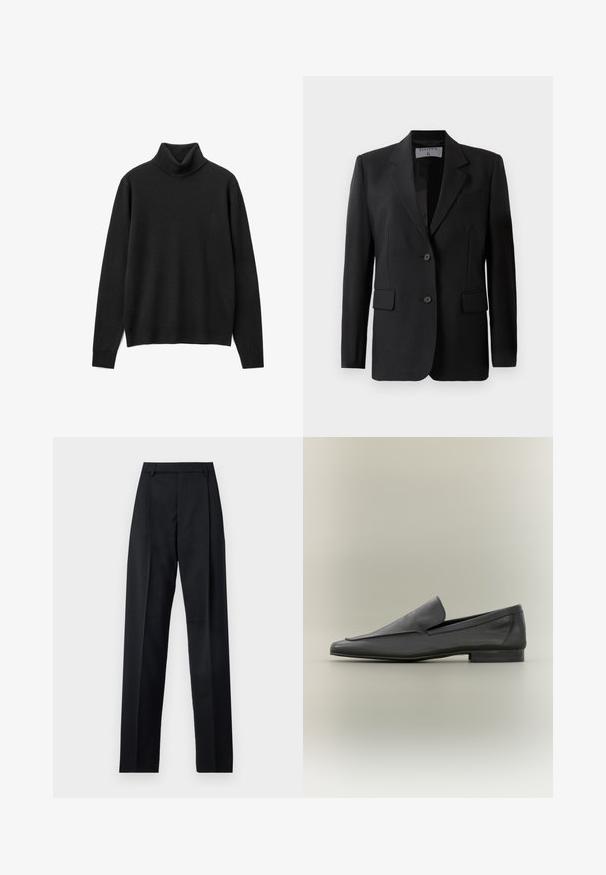 Blazer negro con un diseño ajustado, que presenta dos botones, solapas con muesca y bolsillos con solapa, hecho de una tela suave.; Suéter negro de cuello alto hecho de suave tejido de punto. Presenta mangas largas, un corte relajado y un diseño de cuello alto. Sin patrones ni adornos.; Pantalones negros de tela suave con cintura alta, piernas amplias, pliegues frontales y lazos de cinturón clásicos. No hay bolsillos laterales visibles.; Mocasines de cuero negro con un acabado suave, punta afilada y diseño minimalista. Tacón bajo apilado y acentos de costura sutiles.