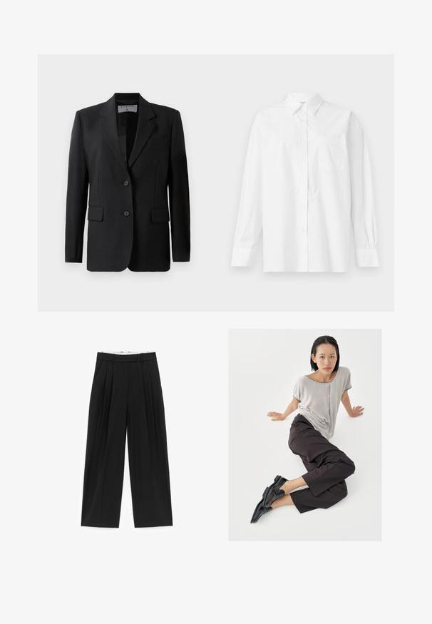 Blazer negro con un diseño ajustado, que presenta dos botones, solapas con muesca y bolsillos con solapa, hecho de una tela suave.; Camisa blanca de manga larga hecha de algodón, con un cuello clásico, cierre de botones y un bolsillo en el pecho del lado izquierdo.; Pantalones negros de pierna ancha con pliegues frontales, trabillas para cinturón y bolsillos laterales, diseñados para un ajuste entallado.; Top de manga corta gris claro, pantalones anchos oscuros y mocasines negros. Tela suave, ajuste relajado y ribete en contraste en la camisa.