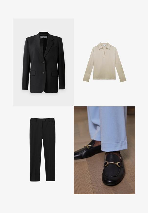 Sort blazer med skræddersyet design, færdiggjort med to knapper, notch-lapel og klaplommer, lavet af et glat stof.; Beige bluse med lange ærmer, V-hals og manchetter med knapper, vist på hvid baggrund.; Sorte bukser med skræddersyet design, flad front, to sidelommer og lige benudskæring. Fremstillet af glat stof med en subtil glans.; Sorte læder loafers med guld metalbit detalje båret med lyseblå bukser på trægulv.