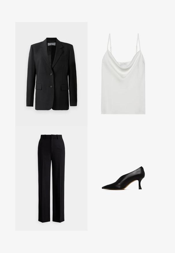 Zwarte blazer met een getailleerd ontwerp, voorzien van twee knopen, geknipte revers en klepzakken, gemaakt van een gladde stof.; Witte satijnen camisole met een gedrapeerde halslijn, dunne verstelbare schouderbanden en een rechte zoom. Het label "ANNA FIELD" is zichtbaar aan de binnenkant.; Zwarte, hoge taille, wijd uitlopende broek met riemlussen en plooien aan de voorkant, afgebeeld tegen een witte achtergrond.; Zwarte leren hoge hak schoen met een spitse neus en een slanke, gebogen hak. Kenmerkt zich door een gladde textuur en een minimalistisch ontwerp.