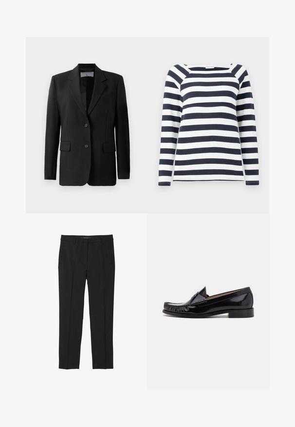 Zwarte blazer met een getailleerd ontwerp, voorzien van twee knopen, geknipte revers en klepzakken, gemaakt van een gladde stof.; TOM TAILOR STRIPED CARRE NECK - Longsleeve - lunar eclipse/off white; Zwarte broek van gladde stof, met een rechte pijp, voorzakken en een platte tailleband zonder zichtbare sluitingen.; Zwarte leren mokassin met een glanzende afwerking, voorzien van franjes aan de voorkant en een lage gestapelde hak.
