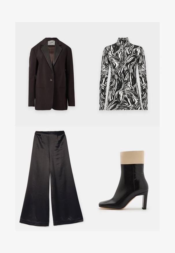Blazer noir avec un revers en satin, comportant deux poches avant et une fermeture à bouton unique. Design ajusté avec une coupe structurée.; Top à manches longues avec col roulé, présentant un motif abstrait en vagues noir et blanc, fabriqué en tissu léger et lisse.; Pantalon large noir en tissu satiné et lisse. Doté d'une taille élastique haute et d'un design minimaliste sans fermetures visibles.; Botte chelsea noire en cuir avec un accent crème en haut, bout pointu et un talon haut avec des accents argentés. Texture lisse sans motifs visibles.