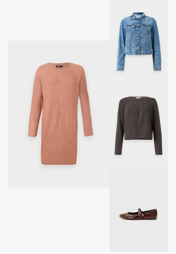Veste en denim bleu avec fermetures à boutons, deux poches à rabat sur la poitrine, manches longues et col pointu.; Gilet long en tricot gris foncé à manches longues avec un col rond et une fermeture à un bouton en haut.; Robe pull en tricot à manches longues de couleur pêche, avec un motif en côtes en chevron et un col rond.; Ballerine en cuir verni marron avec un bout carré et une lanière ornée d'une petite boucle dorée. Texture lisse, talon bas et design minimaliste.