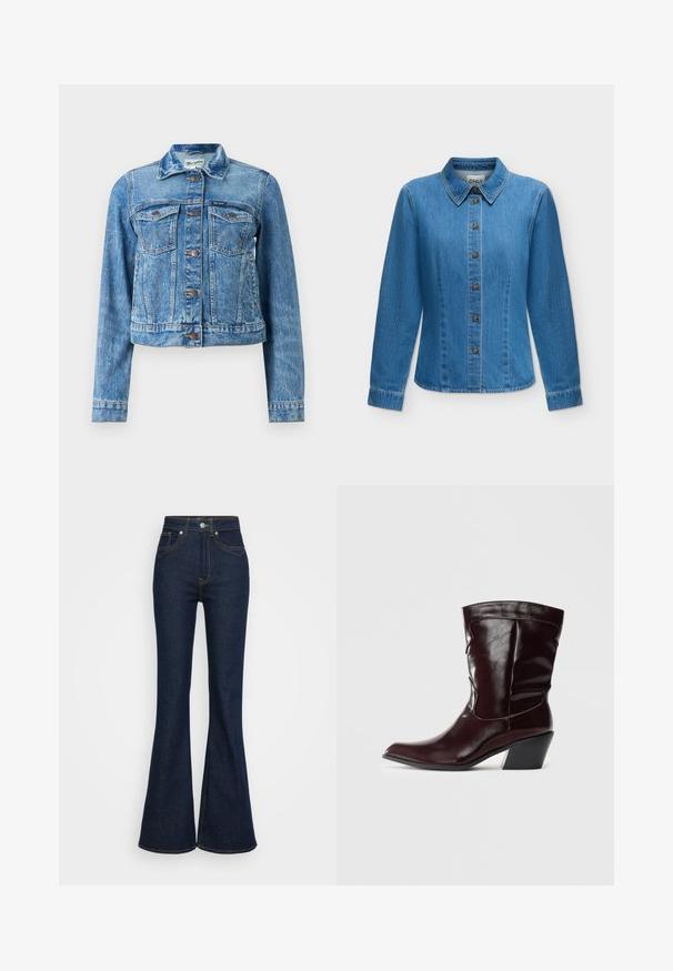 Blauwe spijkerjack met knoopsluiting, twee klepzakken op de borst, lange mouwen en een puntkraag.; Blauw denim overhemd met lange mouwen, knoopsluiting aan de voorkant, puntige kraag en gestikte naden.; Donkerblauwe hoge taille spijkerbroek met uitlopende pijpen, voor- en achterzakken, zilveren knoopsluiting en oranje stikdetails.; Bordeaux leren enkellaarsjes met een spitse neus, textuur op het oppervlak en een taps toelopende lage hak. Heeft subtiele stiksels en een strakke pasvorm.
