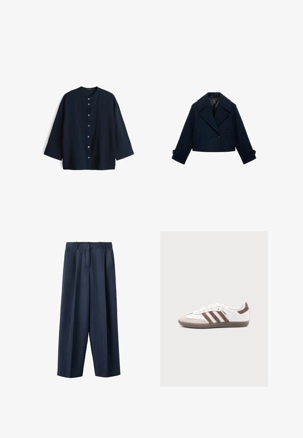 Marineblaue Wollmischung kurz geschnittene Peacoat mit doppelter Knopfreihe, großen Revers, zwei seitlichen Taschen und geknöpften Ärmel-Details.; Marineblaue, leichte Bluse mit Rundhalsausschnitt, Dreiviertelärmeln und sieben Knöpfen vorne. Glatte Textur und lockere Passform.; Marineblaue, breitbeinige Nadelstreifenhose mit Gürtelschlaufen und Seitentaschen, maßgeschneidert mit vorderer Bügelfalte und Reißverschluss.; Weißer Adidas Samba Sneaker mit braunen Veloursstreifen, brauner Velourspitze und Gummisohle auf hellgrauem Hintergrund.