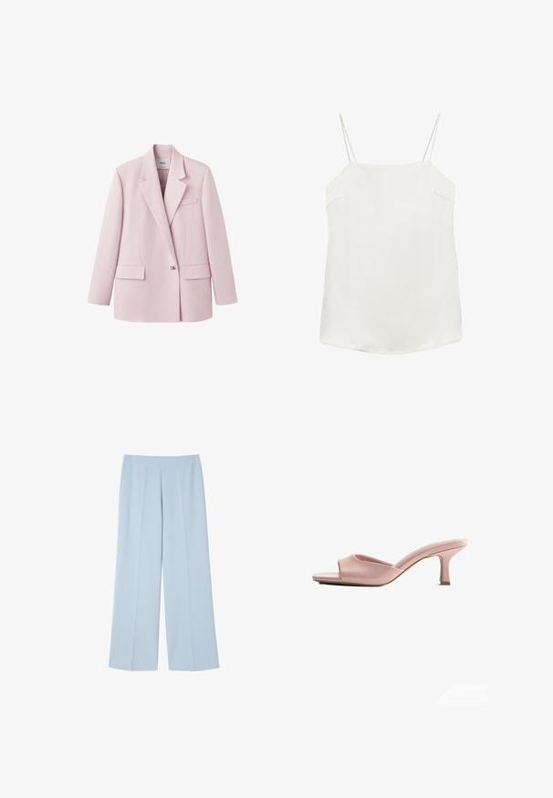 Blazer rose clair à un bouton avec revers crantés, deux poches à rabat et une poche poitrine passepoilée, présenté sur fond blanc.; Top caraco blanc sans manches avec fines bretelles spaghetti et un décolleté droit, posé à plat sur un fond blanc.; Pantalons wide-leg bleu clair en tissu lisse ; dotés d'un devant plat avec des plis pour la structure et sans fermetures visibles.; Mule en cuir rose à bout ouvert avec un talon moyen bas et fin et une semelle intérieure légèrement rembourrée.