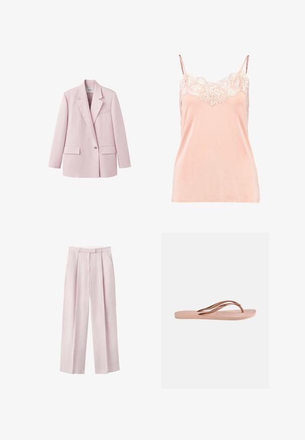 Lichtroze blazer met één knoop, met notch-revers, twee klepzakken en een borstzak, weergegeven op een witte achtergrond.; Perzikkleurige cami met verstelbare bandjes, voorzien van een kantafwerking langs de halslijn. Gladde stof, zachte textuur en een relaxed fit.; Lichtroze wijde broek met hoge taille, plooien, steekzakken, riemlussen en een verborgen voorkantsluiting.; Enkel lichtroze teenslipper met een textuurrijke zool en metalen rosegouden Y-vormige bandjes op een effen achtergrond.