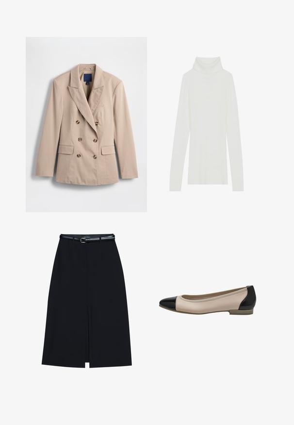 Blazer beige croisé avec un col à revers, deux poches avant et des boutons marron, en tissu lisse.; Pull à col roulé blanc côtelé avec des manches longues, texture douce, et un col roulé haut, doté d'une coupe ajustée et sans fermetures visibles.; Jupe noire à mi-cuisse avec une fente frontale, fabriquée en tissu lisse. Comprend une fine ceinture noire avec une boucle en argent et des passants.; Ballerines en cuir beige avec un bout et un talon en cuir verni noir. Talon bas et texture lisse avec des bords arrondis.