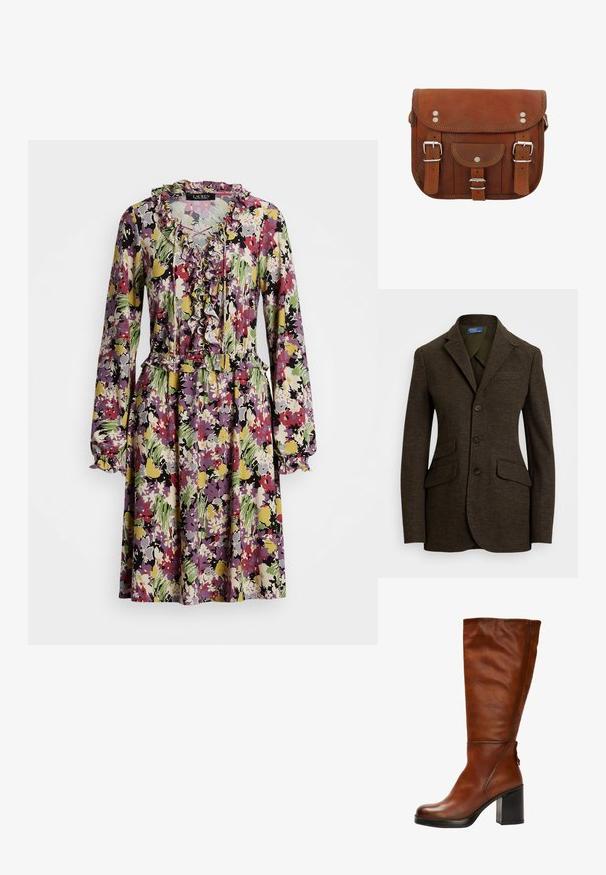Brun hørhørjakke med spids lapel, tre knapper, to frontlommer og en brystlomme. Tekstileret stof og skræddersyet pasform.; Lauren Ralph Lauren ZANKAYA LONG SLEEVE DAY DRESS - Jerseykjole - black/lavender/multi; Brune læder knæhøje støvler med rund tå, chunky sort hæl og subtile syninger foran og bagpå.; Brun læder budbringertaske med klap, to metalspænder og pyntesyninger. Har en lille frontlomme og sølvdetaljer.