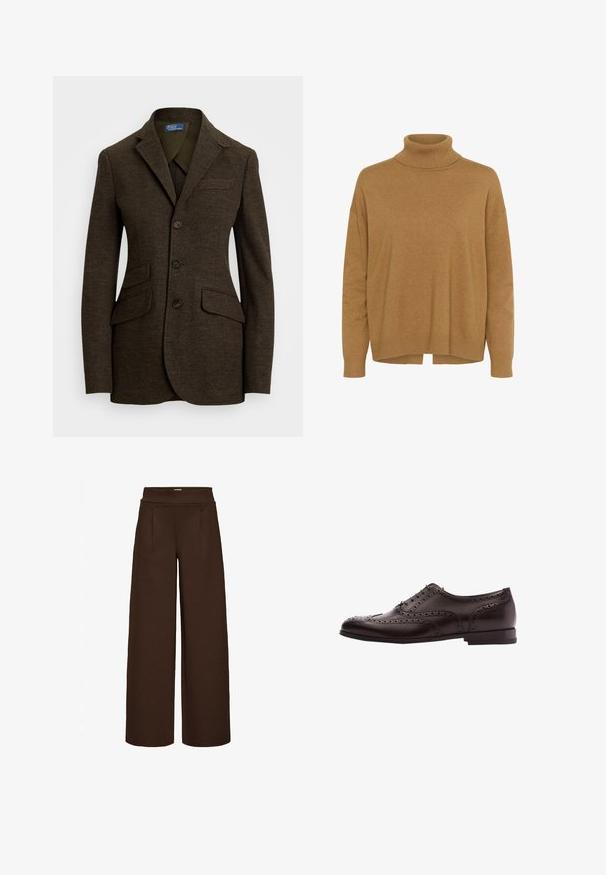 Brauner Fischgrätblazer mit Reverskragen, drei Knöpfen, zwei vorderen Taschen und einer Brusttasche. Textiles Material und maßgeschneiderte Passform.; Brauner Rollkragenpullover mit weicher Textur, lockerem Schnitt, gerippten Bündchen und Saum. Schlichtes Design, ohne Muster oder sichtbare Metallteile.; Braune weit geschnittene Hose aus glattem Stoff mit hohem Bund und zwei Vorderfalten, entworfen für einen lockeren Sitz.; Braune Leder-Hausschuhe mit Broguedetails, Schnürverschluss, runder Zehenform und niedrigem Blockabsatz. Polierte Oberfläche und filigrane Perforationen.