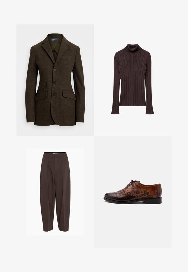 Hnedý herringbone blazer s klopovými límci, tromi gombíkmi, dvoma prednými vreckami a náprsovým vreckom. Textúrovaná tkanina a upravený strih.; Tmavo hnedý rebrovaný rolák s priliehavým golierom a dlhými rukávmi, s textúrovanou tkaninou a rovnou spodnou časťou.; Hnedé plisované nohavice s vysokým pásom, vyrobené z hladkej, štruktúrovanej látky a so zúženými nohavicami, ktoré ponúkajú uvoľnený strih.; Hnedá kožená spoločenská obuv s krokodílou textúrou a panelmi z látky s leopardím vzorom, šnurovanie a detail strapca na boku.