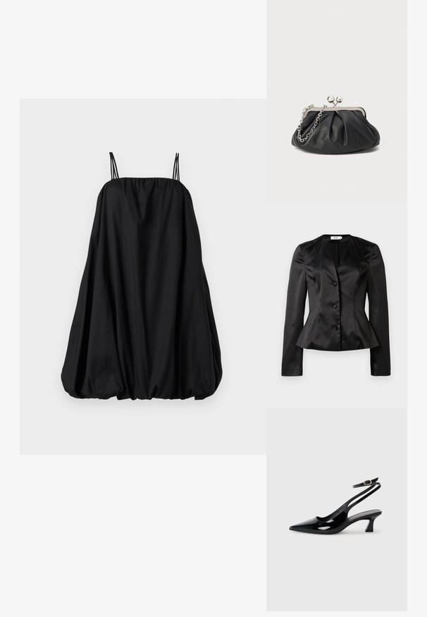 Zwarte satijnen blazer met lange mouwen, drie met stof bedekte knopen en een iets uitlopende taille voor een getailleerd silhouet.; Zwarte jurk met dunne bandjes, losse ballonvorm en een geplooide halslijn. Gemaakt van zacht stof, met een gladde textuur zonder zichtbare patronen.; Zwarte gepatineerde leren slingback hakken met een puntige neus, lage blokhak en een verstelbare enkelband met een gouden gespsluiting.; Zwarte leren clutch met geplooide textuur, zilverkleurig metalen frame, drukknopsluiting en kettingriem. Glad, zacht oppervlak.