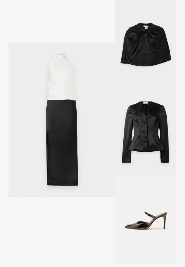 Blazer en satin noir sur mesure avec des manches longues, trois boutons recouverts de tissu et une taille légèrement évasée pour une silhouette ajustée.; Robe dos nu avec un haut blanc ajusté et une jupe longue en satin noir fluide. Texture lisse, design minimaliste et silhouette longue jusqu'au sol.; Mule à talon haut marron foncé brillant à bout pointu avec une fine bride sur le coup de pied sur fond blanc uni.; Cape en satin noir avec un détail de nœud torsadé au niveau de l'encolure, texture lisse, et étiquette visible à l'intérieur du col.