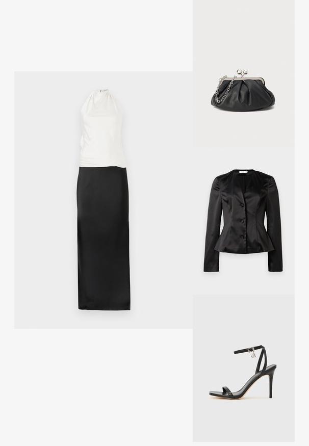 Blazer en satin noir sur mesure avec des manches longues, trois boutons recouverts de tissu et une taille légèrement évasée pour une silhouette ajustée.; Robe dos nu avec un haut blanc ajusté et une jupe longue en satin noir fluide. Texture lisse, design minimaliste et silhouette longue jusqu'au sol.; Sandale à talon haut noire avec une bride étroite à la cheville, bout carré, cuir lisse et accent de boucle métallique.; Porte-monnaie en cuir noir avec texture froncée, cadre en métal argenté, fermeture à verrouillage kiss-lock et bandoulière en chaîne. Surface lisse et douce.