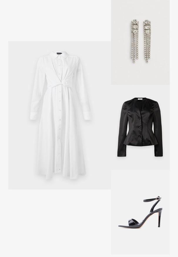 Schwarzer Satin-Blazer mit langen Ärmeln, drei mit Stoff bezogenen Knöpfen und leicht ausgestellt Taille für eine figurbetonte Silhouette.; Weißes Langarmhemdkleid mit Kragen, Knopfleiste und geknotetem Taillendesign; hat einen fließenden, geraden Schnitt und eine weiche Textur.; Schwarze Sandalette aus Lackleder mit hohen Absätzen, offenem Zehenbereich, Knöchelriemen und Schnallenverschluss, seitlich auf weißem Hintergrund dargestellt.; Hängende Ohrringe aus silberfarbener Metalllegierung mit drei großen quadratischen Kristallen oben und drei Strängen kleiner runder Kristalle, die darunter hängen.