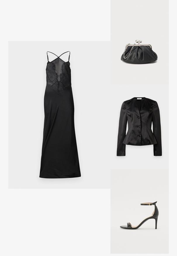 Zwarte satijnen blazer met lange mouwen, drie met stof bedekte knopen en een iets uitlopende taille voor een getailleerd silhouet.; Zwarte satijnen jurk met een transparante kanten buste, voorzien van gekruiste bandjes en een vloeiende silhouet, ontworpen voor een aansluitende pasvorm.; Zwarte leren hoge hak sandaal met enkelbandje. Heeft een gladde textuur, open teen en een dunne hak. Gouden gesp detail.; Zwarte leren clutch met geplooide textuur, zilverkleurig metalen frame, drukknopsluiting en kettingriem. Glad, zacht oppervlak.