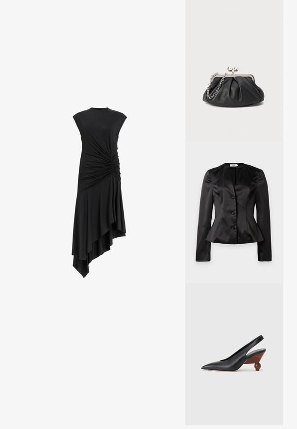 Blazer ajustado de satén negro con mangas largas, tres botones forrados de tela y una cintura ligeramente acampanada para una silueta ceñida.; Vestido negro sin mangas con detalles recogidos en el costado, con un dobladillo asimétrico que cae elegantemente. Textura de tela suave.; Zapato slingback negro de punta puntiaguda con tacón cuadrado redondeado de madera y parte superior de cuero liso sobre un fondo gris claro.; Clutch de cuero negro con textura arrugada, marco de metal en tono plateado, cierre de beso y cadena para colgar. Superficie suave y lisa.