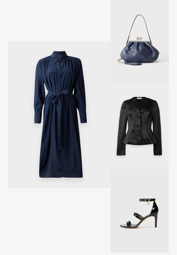 Schwarzer Satin-Blazer mit langen Ärmeln, drei mit Stoff bezogenen Knöpfen und leicht ausgestellt Taille für eine figurbetonte Silhouette.; Marineblaues Hemdkleid mit langen Ärmeln, gerafften Schultern, einem Taillengürtel und einem schwingenden Rock. Hergestellt aus glattem Stoff mit einer weichen Textur.; Schwarze Lackleder-Sandale mit drei Riemen, Knöchelriemen und 10 cm hohen Stiletto-Absatz. Verfügt über goldfarbene Hardware-Details und ein Logo-Charm.; Weiche navyblaue Ledertasche mit silberner Verschlussklammer, einem einzelnen Schulterriemen und abnehmbarem Ketten-Handgelenksriemen auf weißem Hintergrund.