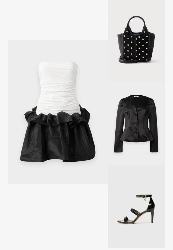 Sorte satin skræddersyet blazer med lange ærmer, tre stofbeklædte knapper og en let udvidet talje for en tætsiddende silhuet.; Sølvløs kjole med en hvid, tætsiddende top med rynket struktur og en sort, skinnende nederdel med bølget kant.; Sorte patenterede lædersandaler med tre stropper, ankelspænde og 10 cm stiletthæl. Har detaljer i guld og et logo charms.; Sort ruskindstaske med runde sølvnitter, to korte håndtag og en aftagelig skulderrem på hvid baggrund.