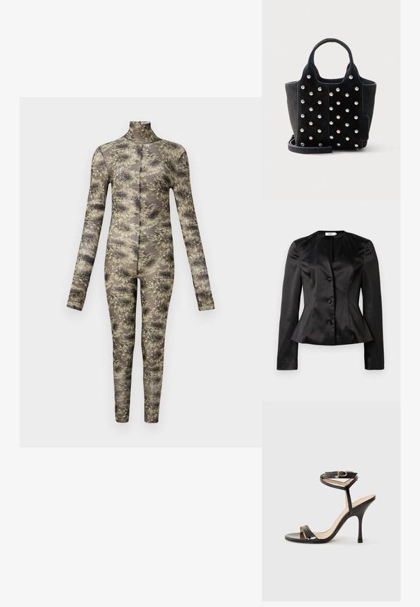Zwarte satijnen blazer met lange mouwen, drie met stof bedekte knopen en een iets uitlopende taille voor een getailleerd silhouet.; Langsleeve, aansluitende body in transparant materiaal met een bloemenpatroon in beige en donkere tinten, met een hoge hals en lange benen.; Zwarte laarzen van gepatenteerd leer met hoge hakken, dunne enkelband met gesp, open teen en slanke stilettohak op een witte achtergrond.; Zwarte suède handtas met ronde zilveren studs, twee korte handvatten en een afneembare schouderriem op een witte achtergrond.