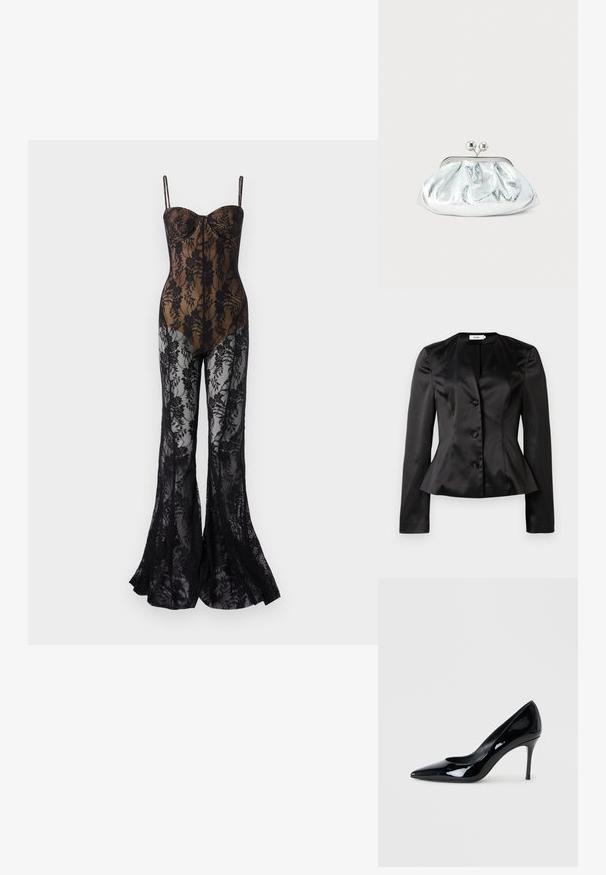 Blazer en satin noir sur mesure avec des manches longues, trois boutons recouverts de tissu et une taille légèrement évasée pour une silhouette ajustée.; Body en dentelle avec un design floral noir ajusté, featuring des fines bretelles, un décolleté en cœur et des jambes évasées avec une finition transparente.; Escarpin en cuir verni noir avec un bout pointu et un talon aiguille délicat. Texture lisse avec un fini brillant et un design minimaliste.; Petit sac pochette métallique argenté avec un design arrondi et froncé, fermeture à clip avec deux boules argentées.