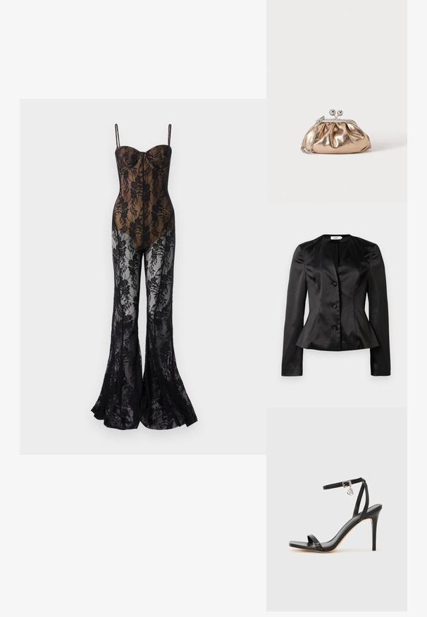 Blazer en satin noir sur mesure avec des manches longues, trois boutons recouverts de tissu et une taille légèrement évasée pour une silhouette ajustée.; Body en dentelle avec un design floral noir ajusté, featuring des fines bretelles, un décolleté en cœur et des jambes évasées avec une finition transparente.; Sandale à talon haut noire avec une bride étroite à la cheville, bout carré, cuir lisse et accent de boucle métallique.; Petit sac pochette métallique dorée avec fermoir argenté et chaîne sur un fond clair uni.